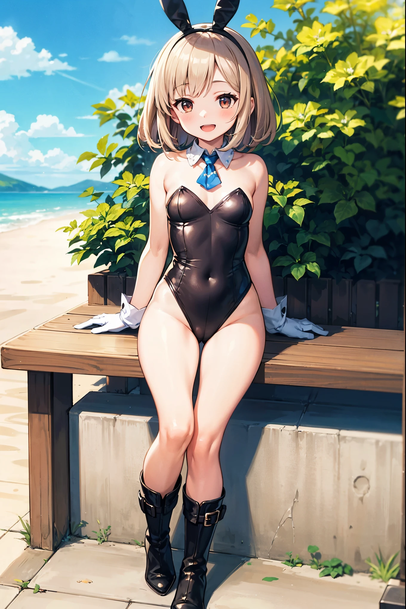GRANBLUEfantasy,ung_teeirl,brown_hair,medium_bob_hair,platina_blond_hair,white_leotard,covered_crotch,thigh-highs,smile,standing,bluesky_landscape_background,slightly_spread_legs,happiness, short_gloves ,solo, r18, navel,relicbuster,short,boots,open_mouth,sitting,knees,blush,shy,bunny_ears