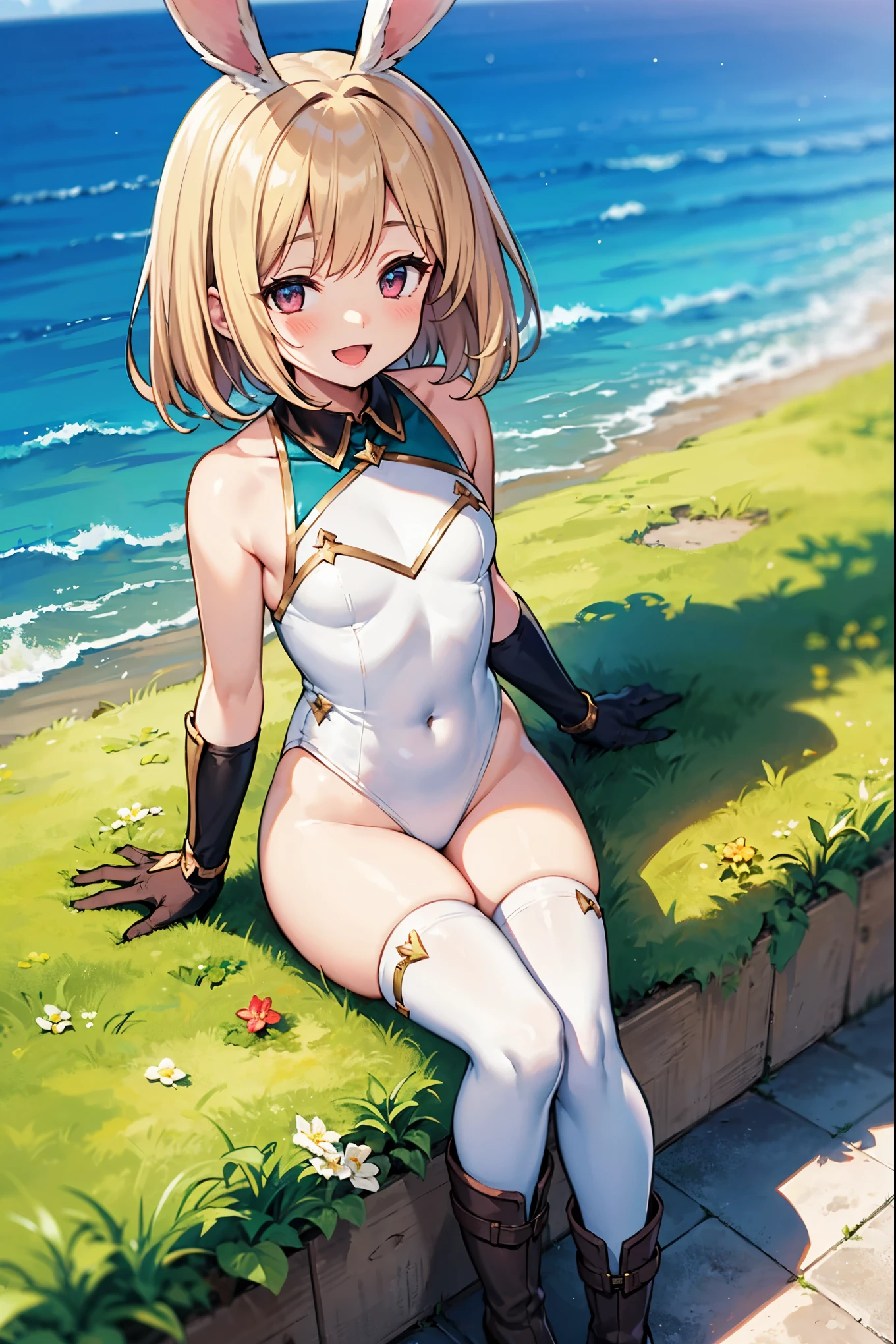 GRANBLUEfantasy,1ung_tegirl,brown_hair,medium_bob_hair,platina_blond_hair,white_leotard,covered_crotch,thigh-highs,smile,standing,bluesky_landscape_background,slightly_spread_legs,happiness, short_gloves ,solo, r18, navel,relicbuster,short,boots,open_mouth,sitting,knees,blush,shy,bunny_ears