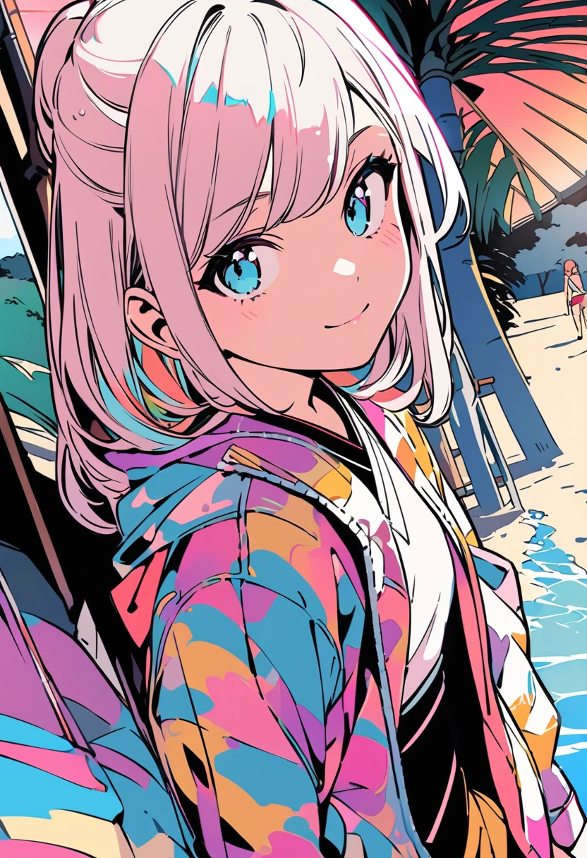 (masterpiece, best quality:1.1),
popart style,flat color,(two girls),cute face,tween,(enjoy trip),(beach,okinawa),Japan, beautiful detailed scenery, friendly,very happy,beautiful lighting,dynamic angle,depth of field,photographic portrait, sharp,