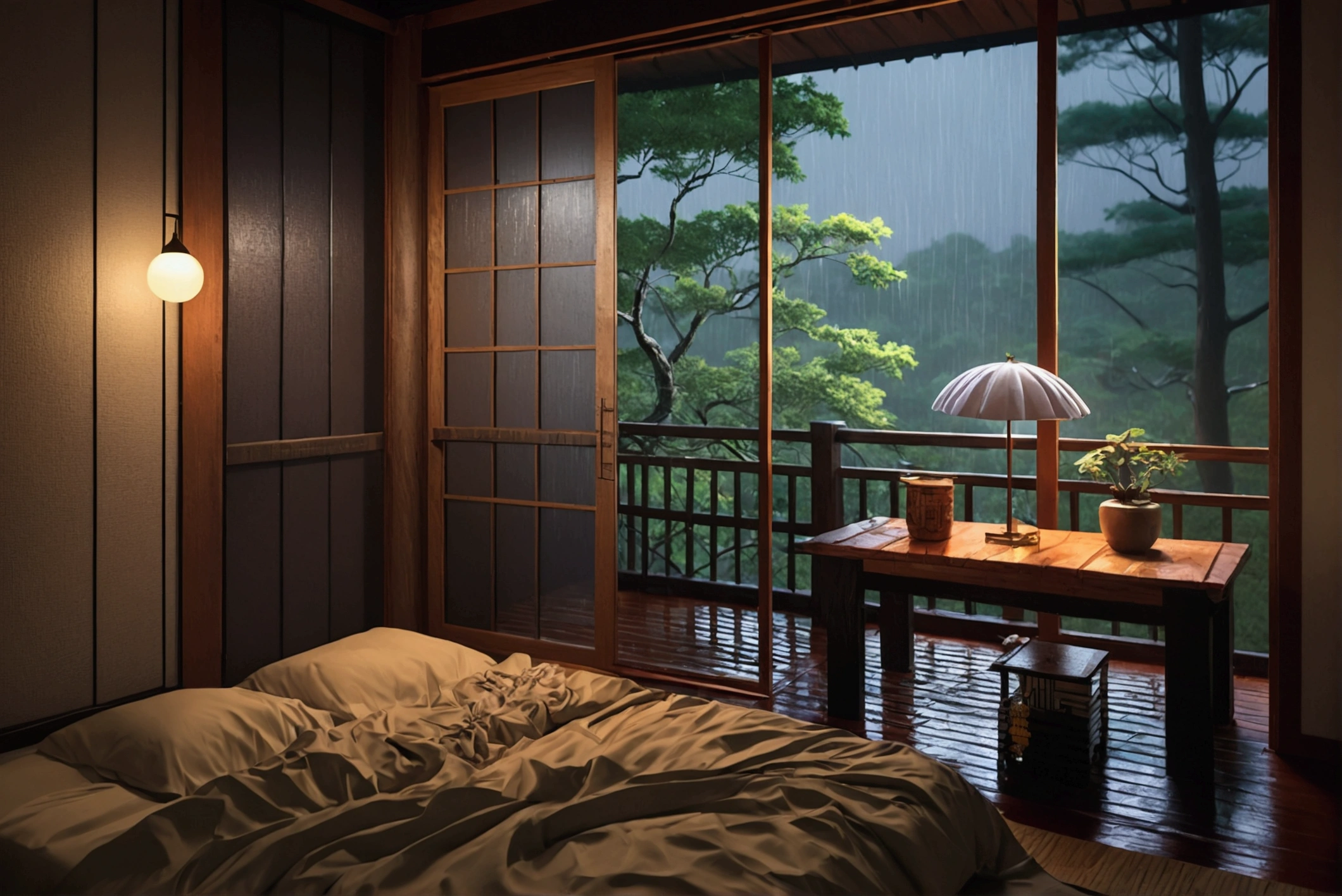 bed in the bedroom next to the window, detailed matte image, inspired by Kanō Hōgai, large window overlooking the forest at night, rain pouring down, Japanese shrine, very beautiful and ethereal