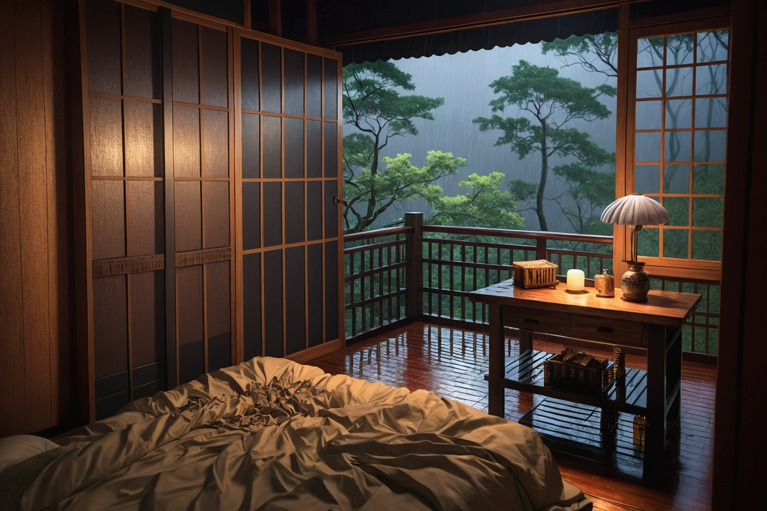 bed in the bedroom next to the window, detailed matte image, inspired by Kanō Hōgai, large window overlooking the forest at night, rain pouring down, Japanese shrine, very beautiful and ethereal