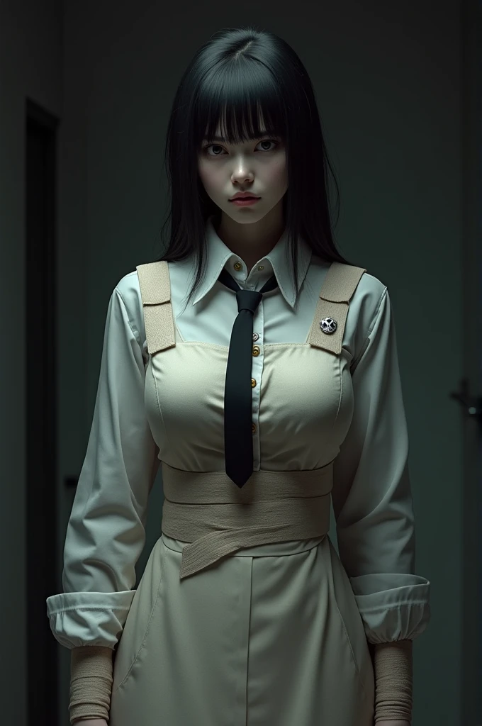 ((masterpiece, best quality)), (1 Girl), (Solitary), (Women&#39;s Focus), night (Chainsaw Man),(Very rich facial details, Real images, Realistic white skin, Realistic body, Intricate details), Upper Body, Serious , Brown eyes, Looking at the audience, bandage over the body, Black Hair, Long-sleeved shirt, Apron Dress, Black tie, bandage, bandage, Small Breasts