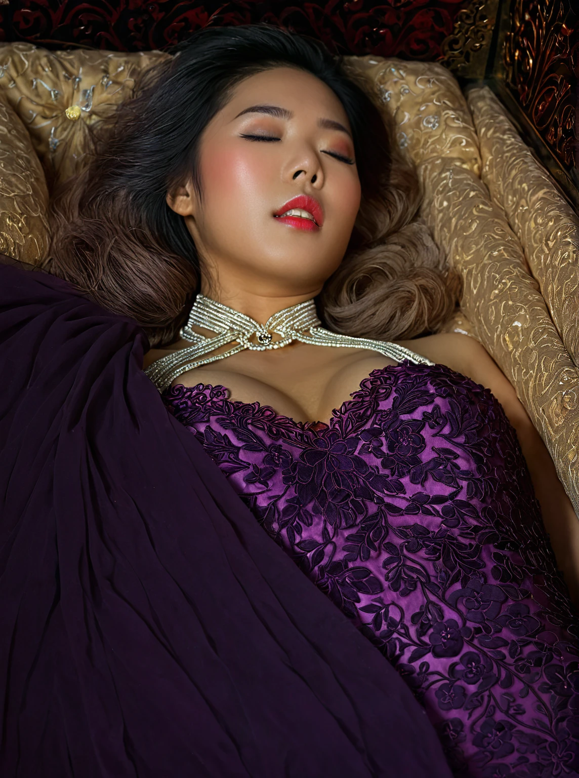 In a striking 8K HDR scene, a stunning Korean woman, 22 years old, lies peacefully in a coffin and coffin cover surrounded by plush pillows behind head. The deep box is set against a rich black background, accentuating the beauty of the subject. Her exquisite deep-V neckline kebaya attire is embroidered with superb detail, showcasing her round and firm breasts, perfect cleavage, and beautiful eyebrows. Her closed eyes and mouth give an air of serenity, while her visible and absolute cleavage leave nothing to imagination. The scene is bathed in saturated colors, highlighting every intricate aspect from the ball skirt to her clean face, straight body, detailed hand perfect hands, straight body, own hands together, own hand on stomach, detailed hands, perfect hands, holding the flowers, waring high heels