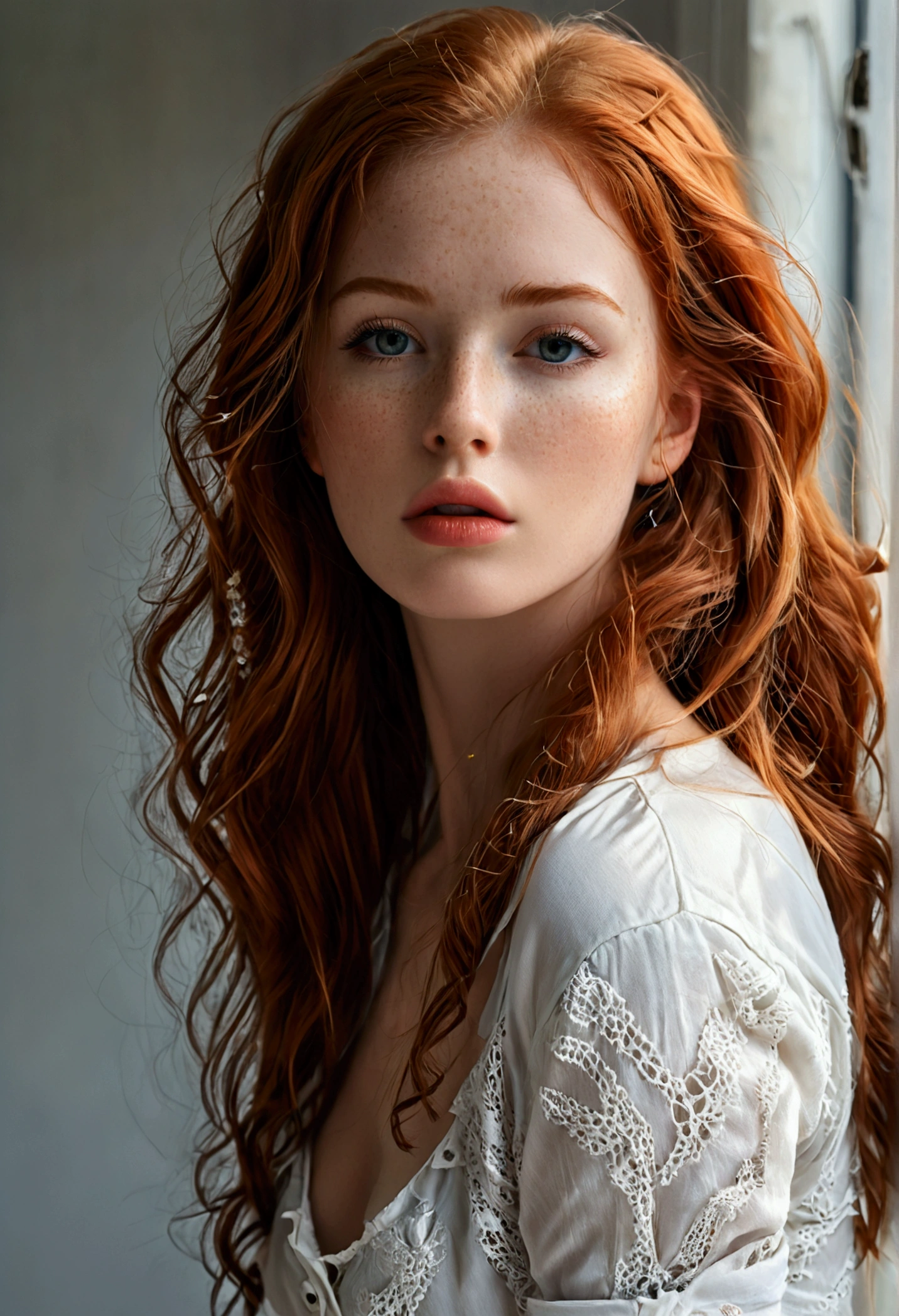 photorealistic image of a woman, ultrarealistic, photography, long red hair, woman, 24 years old, hourglass figure, perfect body, Flirty look, natural medium breasts, Ginger long hair, t shirt jeans, woman, relaxed, clear skin, high cheekbones, tight shirt, bumps, braless, perky, realistic, detailed skin, realistic eyes, white shirt, tight, sheer, detailed realistic skin light freckles, big eyelashes, pouty lips.
