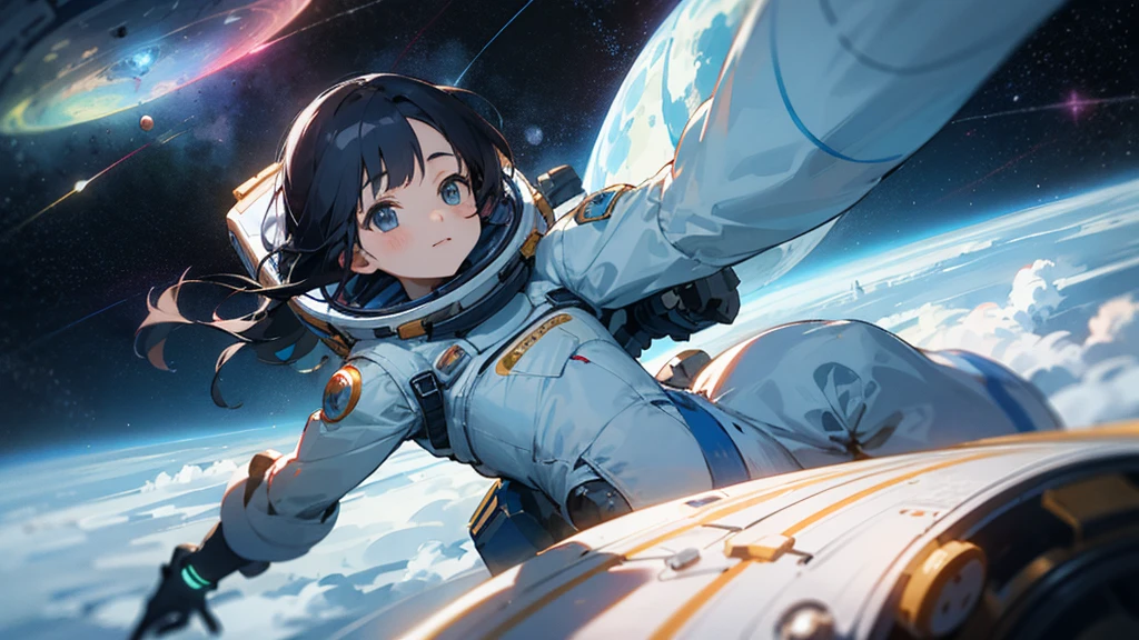 asian girl in the space on alien planet between polar star and big dipper