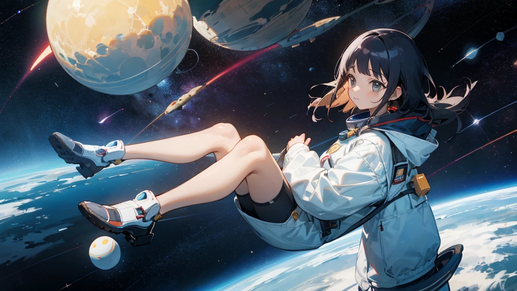 asian girl in the space on alien planet between polar star and big dipper