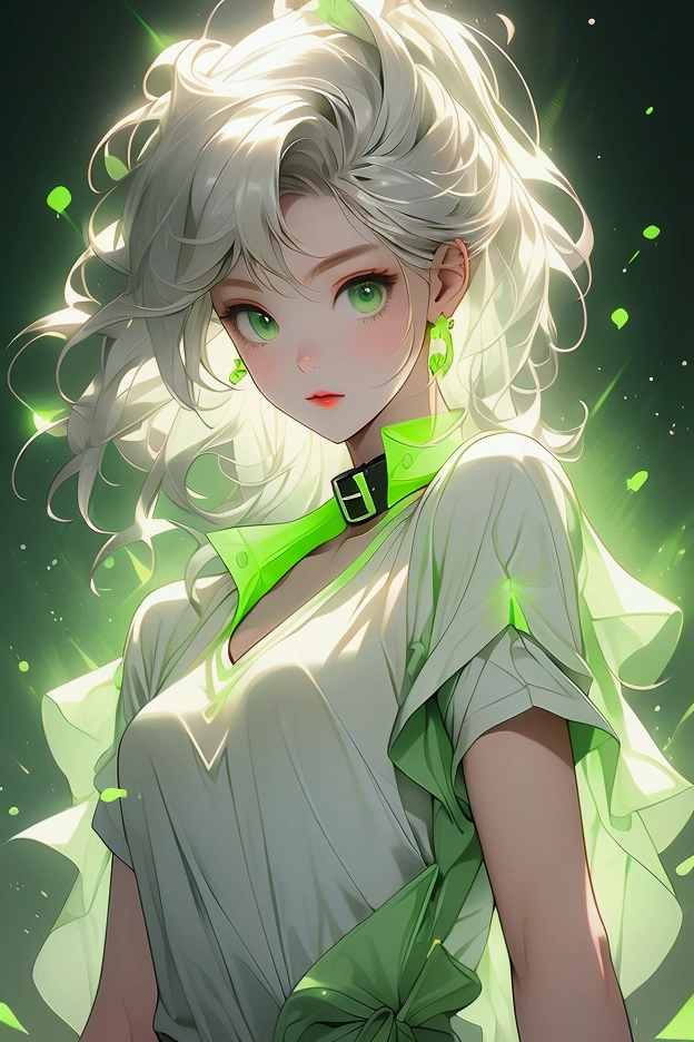 white V-neck t-shirt with fluorescent green sleeve details and collar