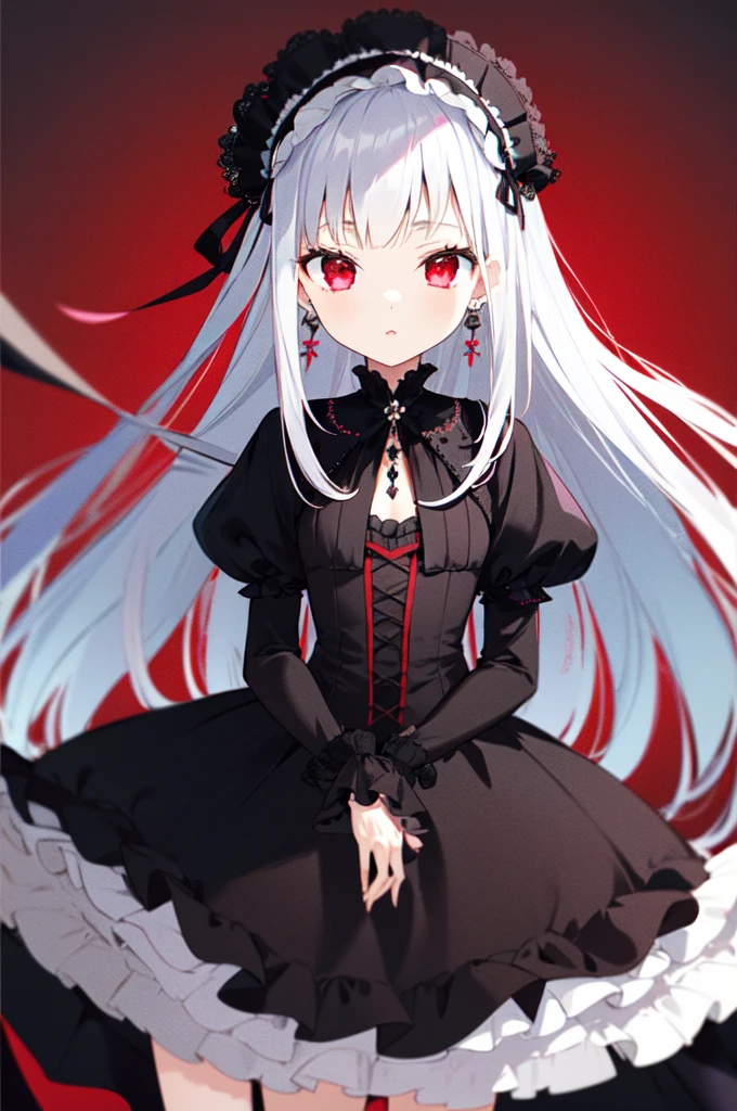 first love, 1girl, solo, facing viewer, long hair, dress, Vodina, 1girl, solo, long hair, white hair,red at the end of hair,red eyes,Lolita dress,red and black dress,black earrings,lolita,loli girl