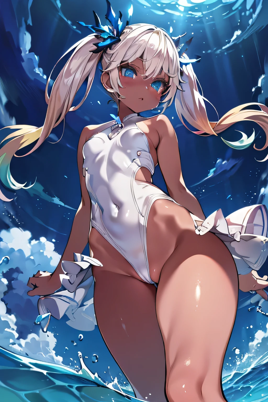 Arrogant look, embarrassed,
High resolution,Sharp focus,(Super detailed,Very detailed),(Very detailed CG unity 8k wallpaper),(((Vibrant colors))),{best illustration},
Iooikles,Platinum Blonde Hair,Twin tails, hair ornaments, (complete anatomy),
Complex eyes,Beautiful Eyes,Symmetrical eyes,Big eyes:1.5,Seductive eyes, (((dark skin,dark_skin,lustrous skin:1.5,bright skin: 1.5,
skin tanned, shiny skin,very shiny skin,Shiny body,plastic glitter,
skin,exaggerated shiny skin,illuminated skin))),Perfect Fingers,
(Detailed body),(Detailed face)), cute,Lewd,erotic,Bold,Camel Toe,
small breasts,Revealing clothing,show skin,(Flying debris, 超High resolution),Wear an iridescent aura,
Invisible Light, Amazing shine, Neon orange glow, The colors of another world,Bright colors, Ghostly Effects,
wearing slingshot swimsuit,
Cumulonimbus,Surrounded by water, reflection,Breathtakingly beautiful clouds,Light,Dazzling Light,Cinematic Light.The wind is blowing,Vast ocean,
A long white pier stretching out into the sea,Coral Reef,The wind is blowing,
stretch, (The view is from very close below:1.5), Pushing hips forward, arms behind back,