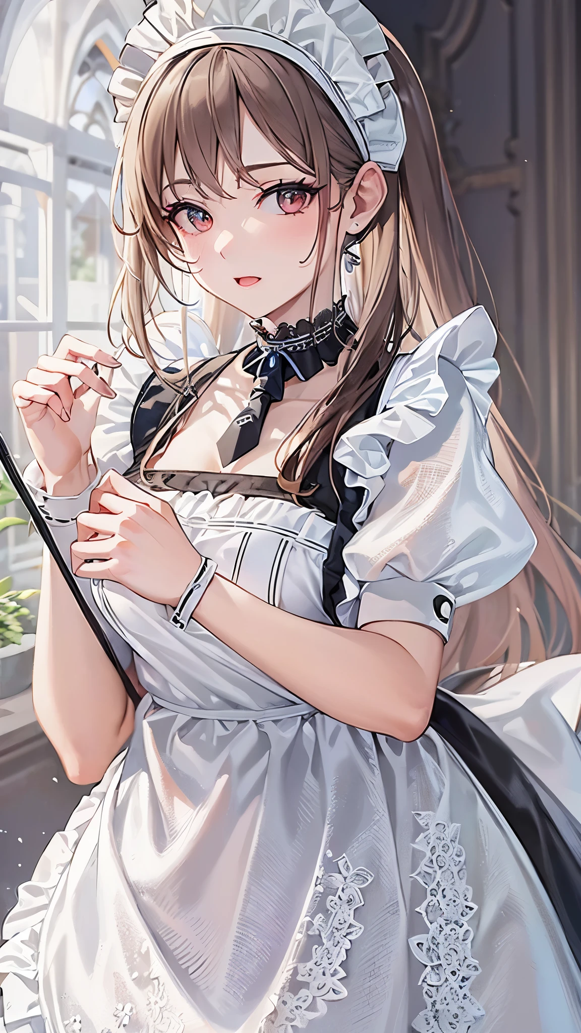 ((Highest quality)),(Ultra-high resolution),(Super detailed),(Detailed Description),((The best CG)),(masterpiece),Highly detailed art,(Art with precise detail:1.5), (maid:1.7),Beautiful and well-proportioned face:1.4,(Natural Makeup:1.5),(Tie Choker:1.6),(Upper breast:1.8),