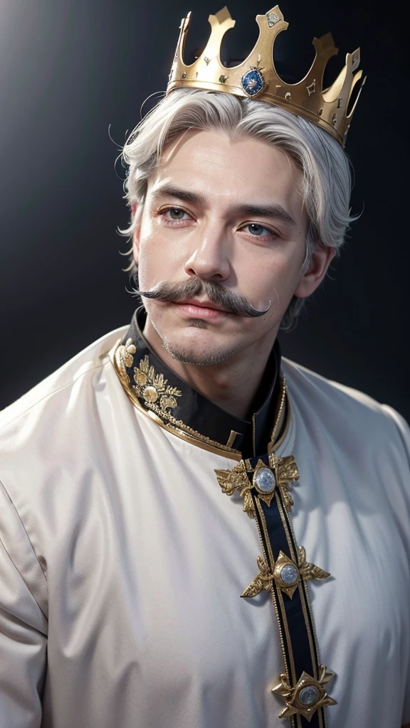 Create an image of a male singer, emperor with crown on head, White hair, bigode mustache, and with high standard clothing,