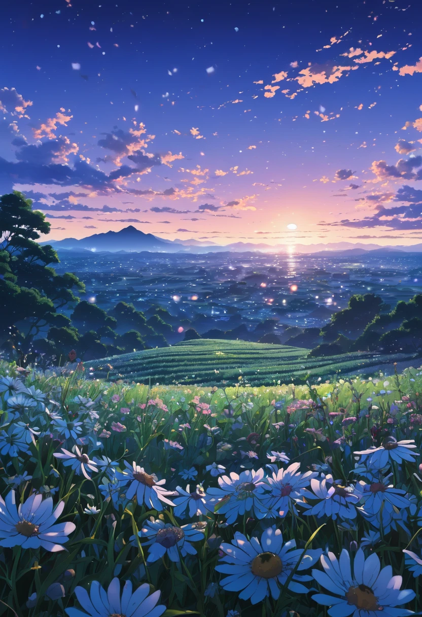 flowers in the middle of a song, Anime, At dusk, rule-of-thirds composition, natural, Pop culture atmosphere, intricate details, high resolution