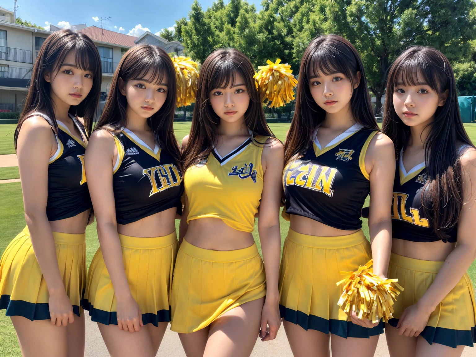 masterpiece, best quality, illustration, Super detailed, fine details, High resolution, 8K,wall paper, perfect dynamic composition,(Details High quality, realistic depiction of eyes:1.3), (3 girls), BREAK (cheerleader uniform with yellow as basic color:1.3), (holding a yellow pompoms in hand:1.4), (sleeveless yellow tunic with baseball team logo:1.4), yellow tops, (bold V-neck:1.3), ((Blue lines, black lines) on tops:1.3), ((fit and flare, A-line):1.3), (A-line yellow rah-rah skirt:1.3), mini skirt, (black socks:1.3), (sports shoes:1.2), sitting, open legs, short bob hair, in a hotel room in the background, deep on field, large breasts, black hair color, Big Natural Color Lip, (perfect body shape), crying a little、Harajuku style、20 year old girl、cute type、beautiful legs, Gravure Idol