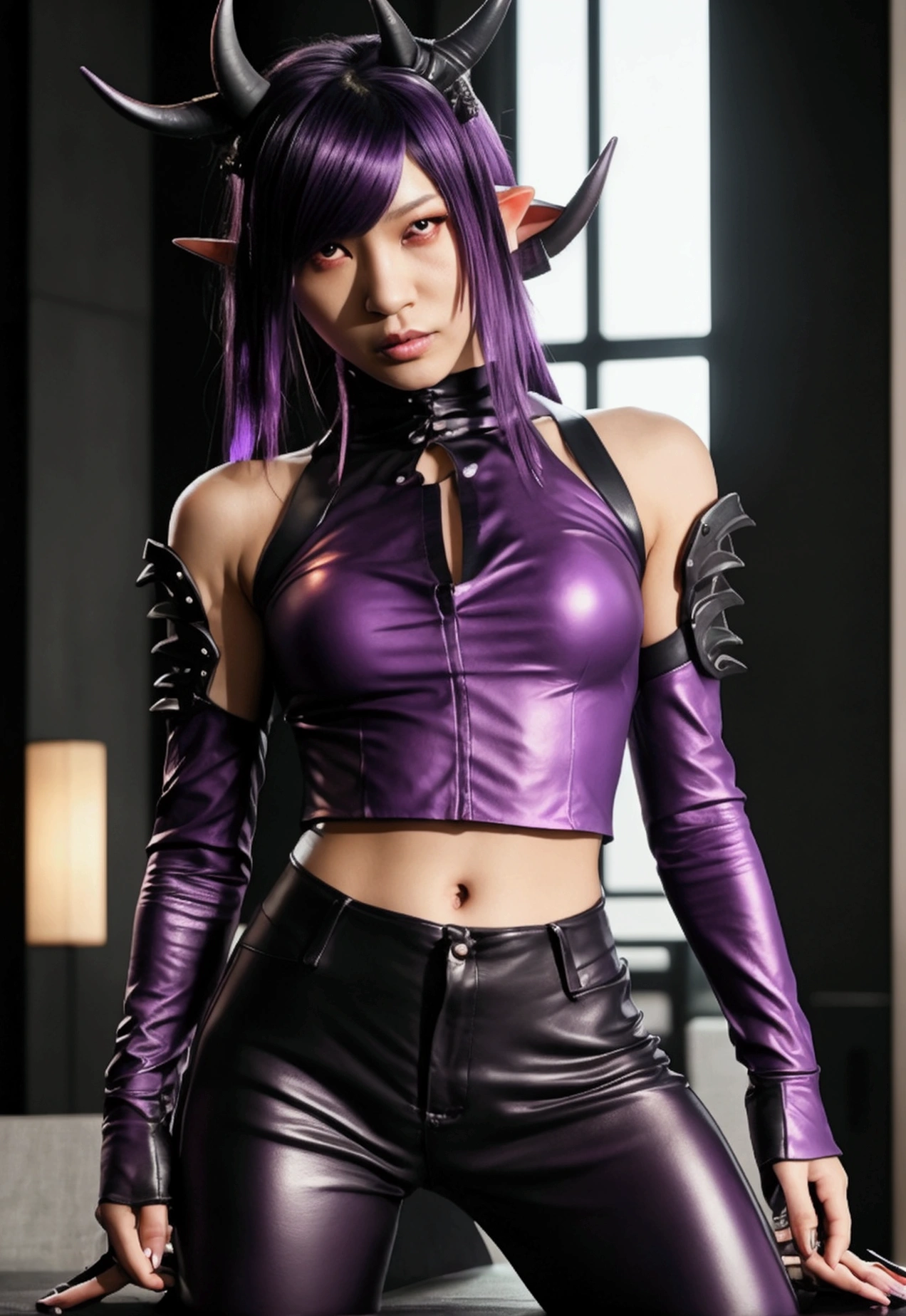 Japanese Female oni shadowruner, small devil horns and tail, shoulder length hair, elf ears, purple skin tone, glowing eyes, glowing body tattoos, wearing a nice casual shirt and leather pants, in a cyberpunk city, dark atmosphere, moody lighting, futuristic skyscrapers, urban cyberpunk setting, highres, dark tones, cool tones, detailed character design, atmospheric lighting,