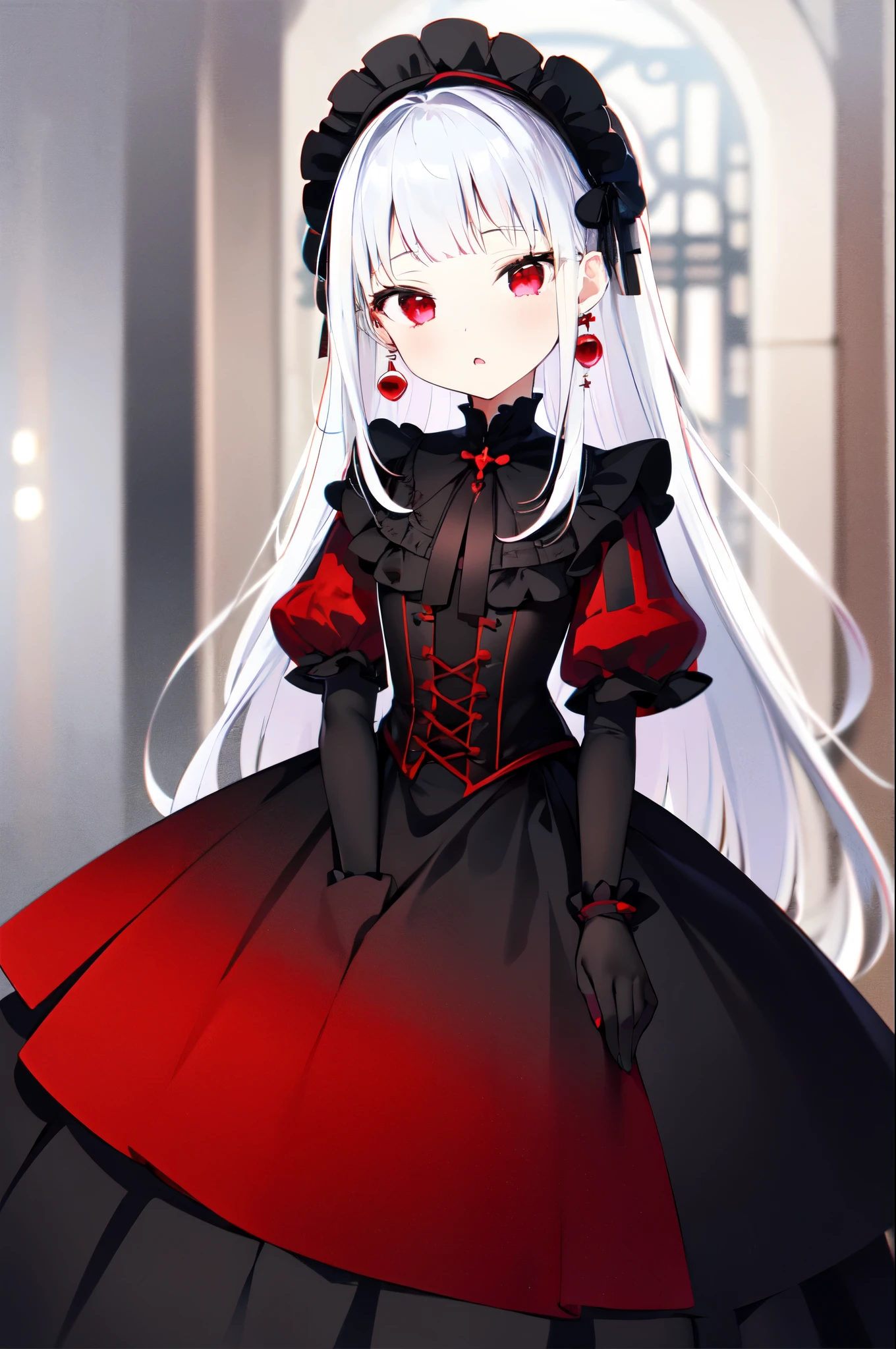 first love, 1girl, solo, facing viewer, long hair, dress, Vodina, 1girl, solo, long hair, white hair,red at the end of hair,red eyes,ta dress,red and black dress,black earrings,lolioli gir