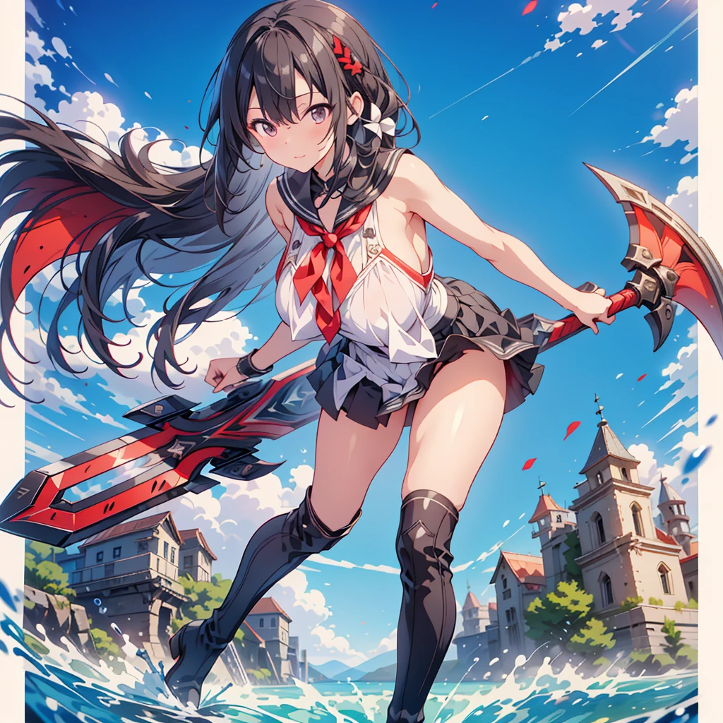 (masterpiece, Highest quality), (perfect athletic body:1.2), (Thin Hair), 非常にdetailedな, Anime Style, whole body, alone,  Black sailor suit and black pleated skirt, Vampire Hunter、Huge black and red sword、  Black hair and brown skin, High Boots,Floating in the blue sky, High heel boots, 8K high resolution, White Background, whole body,Super huge、detailed、dynamic、