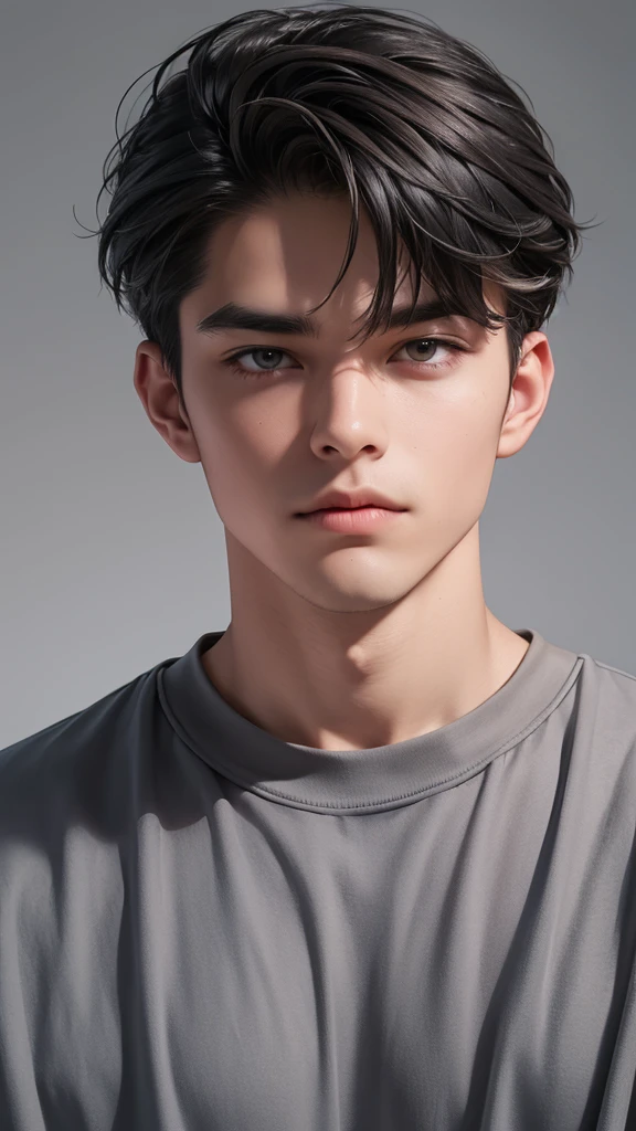 a man in loose clothes, Comfortable clothes looking straight into the camera, The expressions on the faces of loved ones, The background is a solid gray gradient, close up