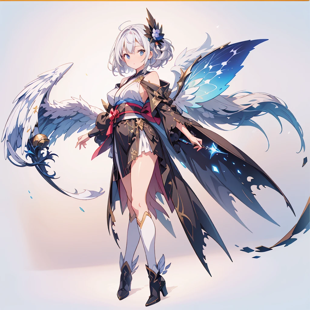 (masterpiece, Highest quality), (perfect athletic body:1.2), (Thin Hair), 非常にdetailedな, Anime Style, whole body, alone,  Gothloli kimono, Fairy Wings,Magical girl、Magic giant wand、  White hair and brown skin, High Boots,Floating in the blue sky, High heel boots, 8K high resolution, White Background, whole body,Super huge、detailed、dynamic、