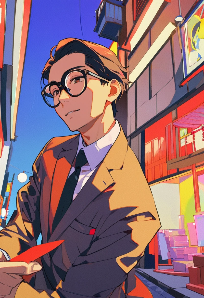 (masterpiece, Highest quality:1.1),Pop Art,Flat Color,
Man in black,
Man in suit,Glasses,Japanese,
In Edo,Dynamic Angle,Dynamic Angle,Beautiful lighting,photo portrait, 