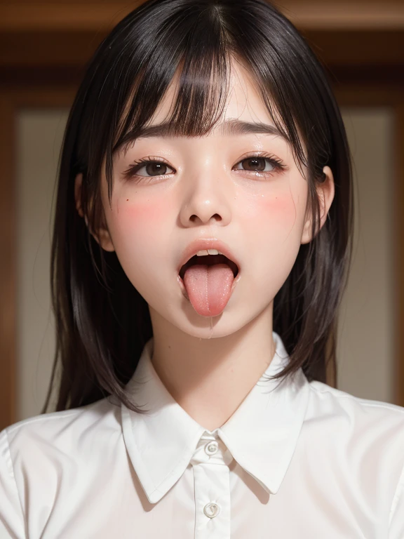 (masterpiece:1.3)、Very nice finish、(High resolution、8k:1.3)、(Highest quality、Ultra-realistic as a photo:1.5)、Sharp focus, 超High resolutionの顔、Eyes are symmetrical:1.3、High quality and beautiful skin、Firm Skin、Image of one girl, (())、((White tight business blouse with collar))、(White bow tie blouse)),(very cute、Amazing beautiful girl)、Natural Makeup, Glossy Lips、Wet eyes:1.3,, Embarrassing:1.3、(Bobcut),(Sticking out tongue:1.5),(Upper body shot:1.7),(Please open your mouth wide:1.5)、(Wrinkles between the eyebrows:1.4)、(Scared expression:1.8)、(Please close your eyes completely:1.8),(Narrow eyes:1.3),(Droopy eyes:1.6),(Blushing:1.5),(Let your bangs hang down:1.7)、Low contrast lighting、(The top of your head fits in the frame:1.4)
