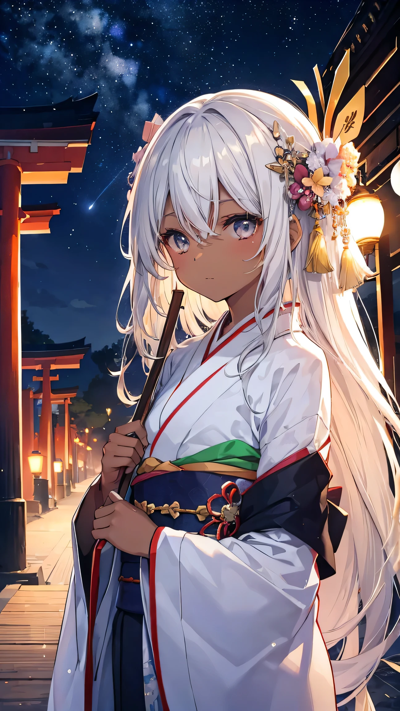 High resolution、girl、Silver Hair、Long Hair,(Brown Skin,Dark Skin,Sunburn),、Grey Eyes、thin、Toned body、kimono,festival,Starry Sky,torii,,
