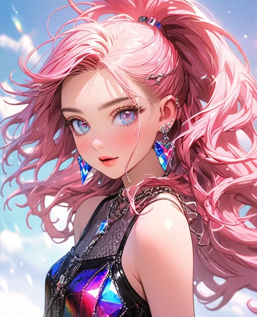 8K,gal,an extremely delicate and beautiful,Beautiful and realistic skin,Shiny jewel-like earrings,Shine like glitter neon pink hair,topknot,beautiful eyes,Fashion Model,full body,sleeveless top,denim short shorts