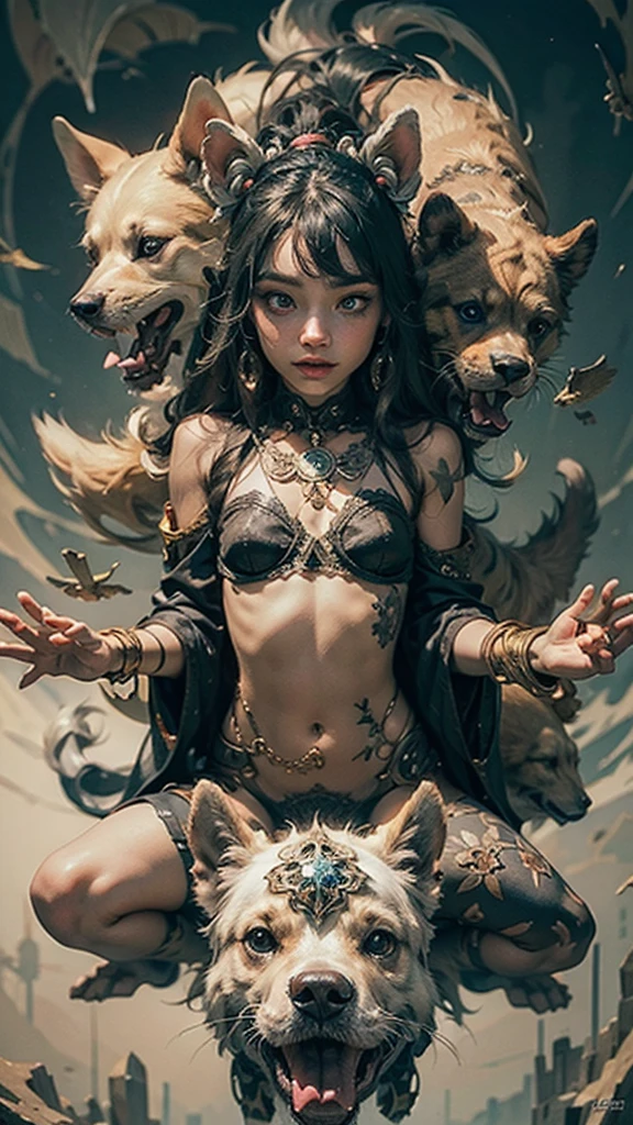 (best quality,4k,8k,highres,masterpiece:1.2),ultra-detailed,(realistic,photorealistic,photo-realistic:1.37),goddess surrounded by dogs,detailed dogs,ultra detailed dogs,highly detailed goddess,beautiful detailed eyes,beautiful detailed lips,extremely detailed eyes and face,long eyelashes,intricate details,vibrant colors,dramatic lighting,cinematic composition,epic scale,stunning fantasy landscape,mystical atmosphere