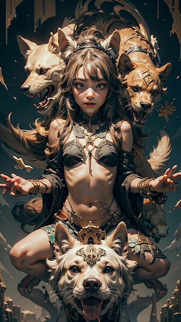 (best quality,4k,8k,highres,masterpiece:1.2),ultra-detailed,(realistic,photorealistic,photo-realistic:1.37),goddess surrounded by dogs,detailed dogs,ultra detailed dogs,highly detailed goddess,beautiful detailed eyes,beautiful detailed lips,extremely detailed eyes and face,long eyelashes,intricate details,vibrant colors,dramatic lighting,cinematic composition,epic scale,stunning fantasy landscape,mystical atmosphere