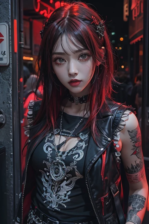 Highest quality、8k、masterpiece：1.3、Gothic Punk、The inner color is red、Gray Black Hair、hair ornaments、beautiful girl、creative、Punk Shirt、Neogoth、Goth Fashion：1.2、High resolution、masterpiece、Highest quality、頭w:1.3、((Hasselblad Photos))、Fine skin、Sharp focus、(Cinema Lighting)、Explore Tokyo&#39;The night city beyond the neon lights, Forehead open, 17 years old、Petting&#39;Hair back、Shoulder Bare、Small red rose tattoo on the décolletage、Just one tattoo