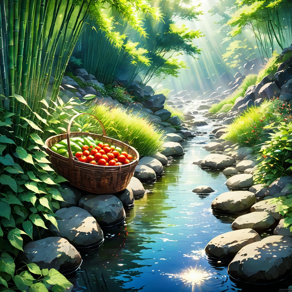 Sunlight filters through the trees onto a gently flowing stream, dappling the surface with shimmering light. A rustic bamboo basket, nestled amongst the rocks, holds a few plump tomatoes and crisp cucumbers, their vibrant colors contrasting beautifully with the smooth, grey stones. The cool, clear water rushes over the vegetables, carrying with it the essence of a perfect summer day. beautiful anime scenery, landscape painting, beautiful digital painting, andreas rocha, illustration of beautiful artwork, amazing wallpaper, raymond swanland, tall beautiful painting, studio ghibli makoto shinkai, beautiful wallpaper, anime scenery refreshing, nostalgic, summer, japan, nature, no humans simple, minimalist