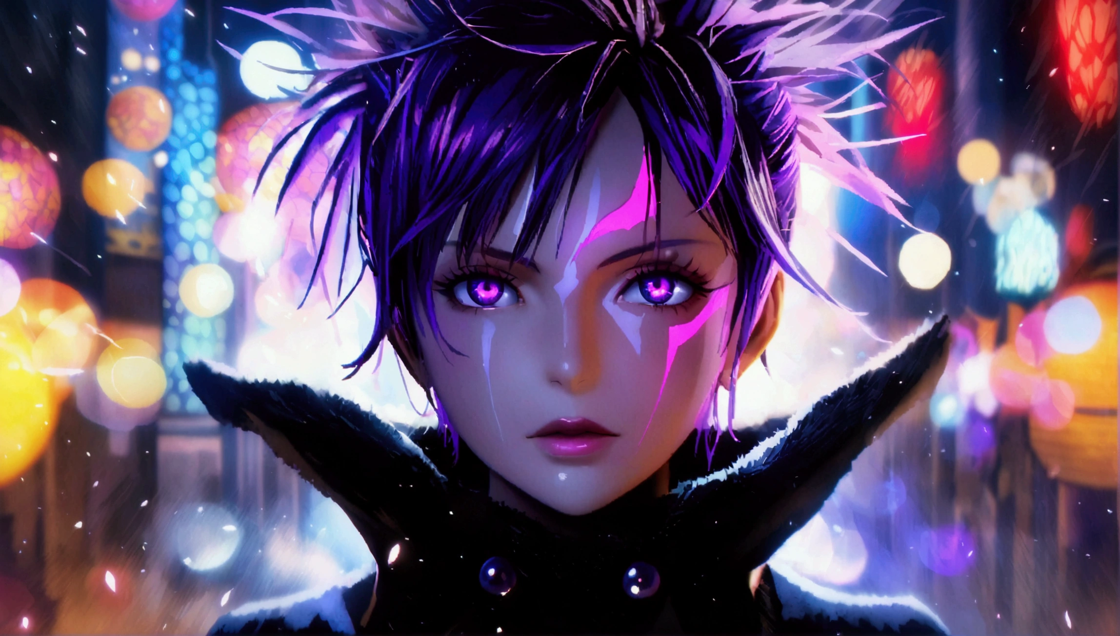 Child girl, thin body, purple spiky hair, vibrant purple eye, piercing gaze, black coat with high collar, dark night background, "Anime character design inspired by One Piece, dramatic and impressive lighting, focus on the centralized character, impressive face, full of creative details, ultra-fine 2D design, scenery bathed in creativity, boasting 2D anime resolution clarity, HD anime graphics, high-octane rendering"