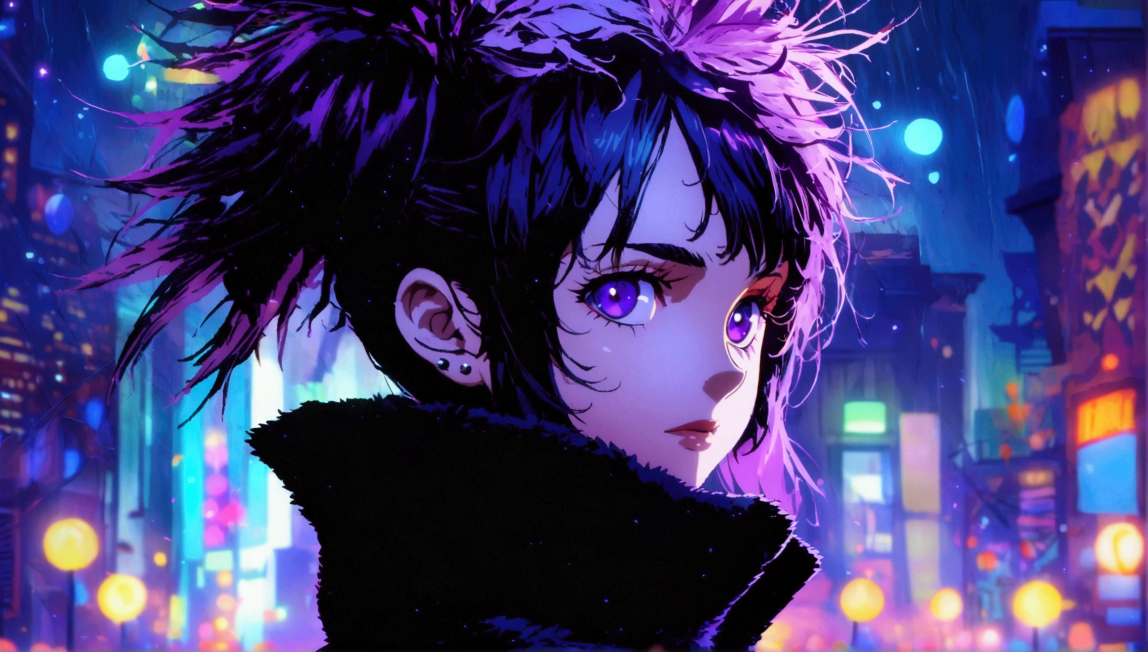 Child girl, thin body, purple spiky hair, vibrant purple eye, piercing gaze, black coat with high collar, dark night background, "Anime character design inspired by One Piece, dramatic and impressive lighting, focus on the centralized character, impressive face, full of creative details, ultra-fine 2D design, scenery bathed in creativity, boasting 2D anime resolution clarity, HD anime graphics, high-octane rendering"