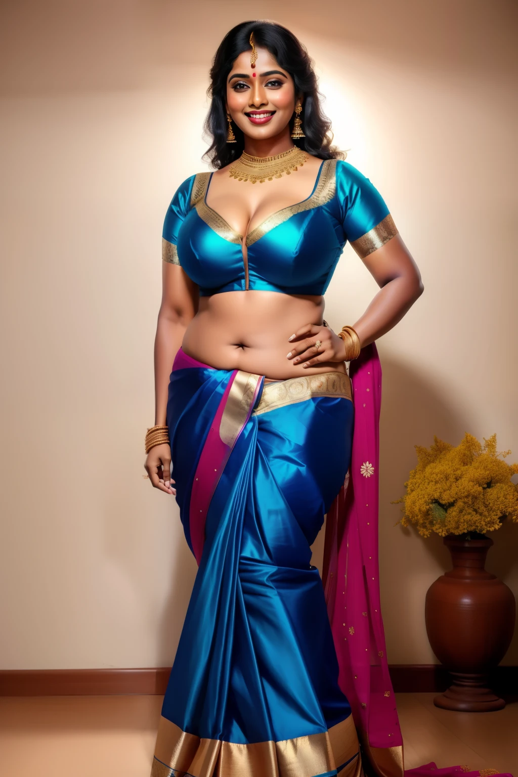 woman in saree, (cleavage, beautiful, full body shot:0.7) bra