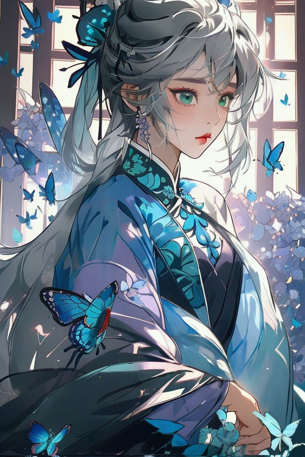 ((Masterpiece)), (((best quality))), ((very detailed)), colorful, HDR, 1 girl, alone, upper body, gray hair,green eyes, Luo Tianyi (Sia Chong),Sia Chong, Black and purple dress, (blue butterfly), White butterfly wings
