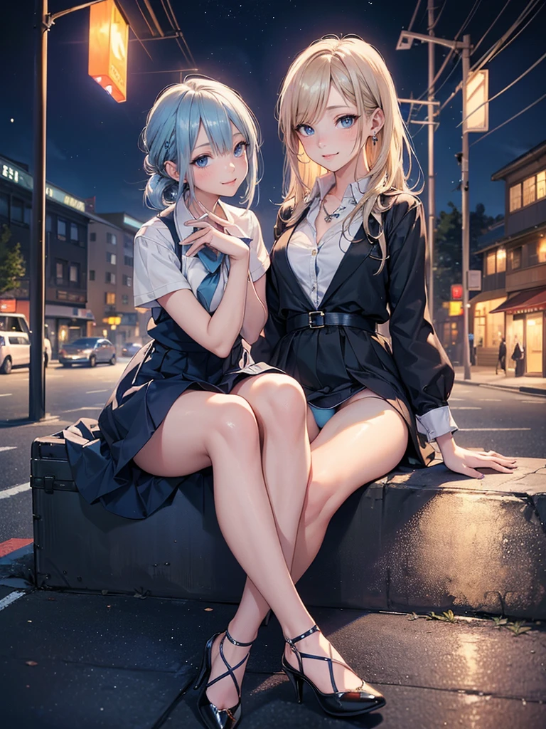 ((Biologically correct limb count)),(( From head to toe,Full-body photo including face)),4K,masterpiece,((Focus on the face)),((Symmetrical facial features)),Eyes with detailed description,Beautiful woman,Great style,Beautiful arms,Beautiful legs,Beautiful Hands,(Small Ass,Thin thighs),Detailed depiction of the face,Small earrings,necklace,(Will school uniform,dress((High heels))),((Random outdoor night scenes)),(((blue blonde))),Realistic photo,Looking up,Look up,smile,((Sitting upright on the road,Sitting at an angle,Panty shot))