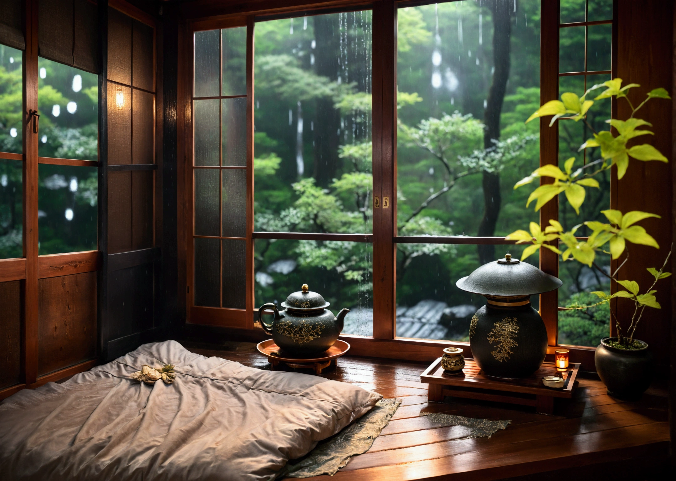 bed in the bedroom next to the window, detailed matte image, inspired by Kanō Hōgai, large window overlooking the forest at night, rain pouring down, Japanese shrine, very beautiful and ethereal