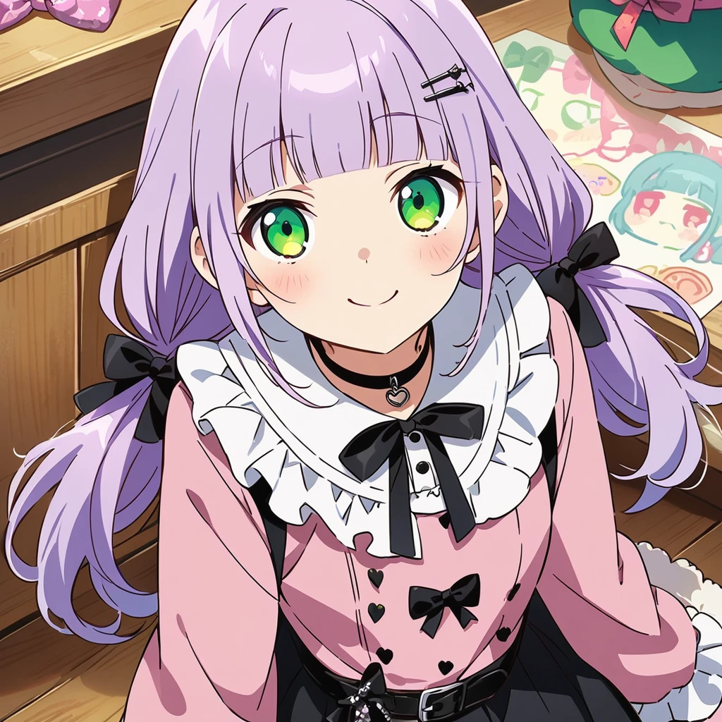 A girl, (a girl with closs hair pin, looking at viewer. Light purple hair, low twintail hair, blunt bangs,smiling face, green eyes. closs hair pin, pink shirt, cosplay, jirai kei, bangs, black skirt, black bow, looking at viewer, bow, long sleeves, choker, ribbon:1.4), anime visual, (tilt head:1.3),Cute, Kawaii, Masterpiece, Detailed Drawing, Illustration, Official Art,