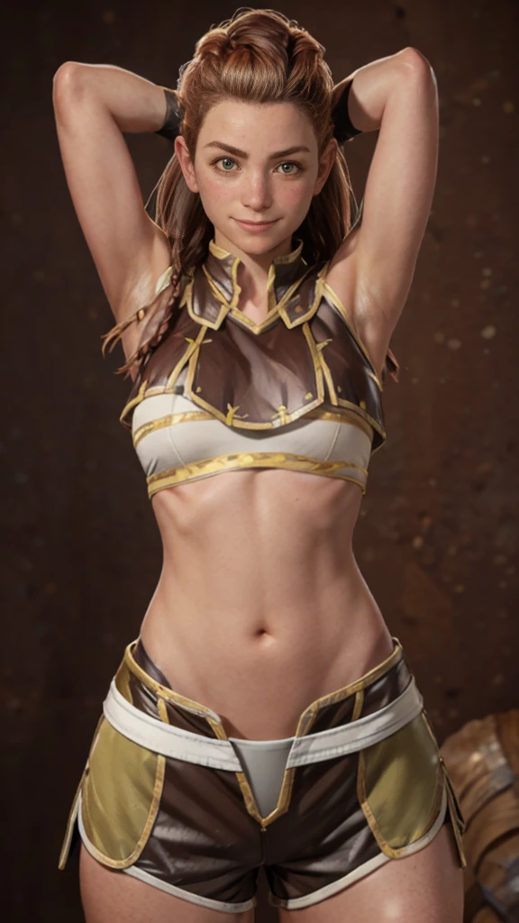 (8k resolution), Aloy, solo, skimpy armor (armored:1.2), no panties, bright smile, scantily clad, midriff showing, underboob showing (underboob:1.4), small breasts (small breasts:1.1), defined thighs showing, very strong arms, skin-tight booty shorts, (skin tight shorts:1.5), brown hair, red hair, braids, freckles, hands behind head and showing armpits, contrapposto stance, (correct anatomy:1.3), (perfect pose:1.2), (human anatomy) (whole body portrait:1.6)