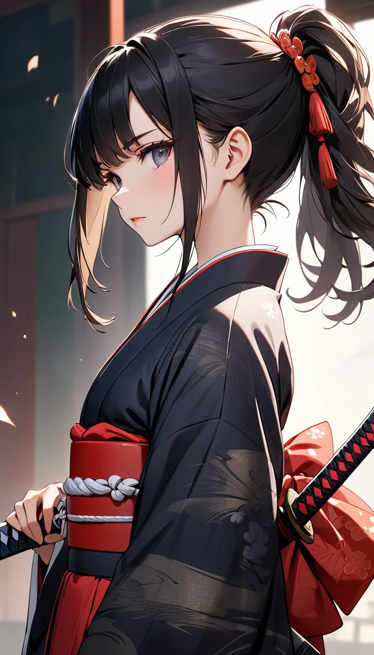 (((Best quality, 8k, Masterpiece: 1.3)), (detailed), perfect face, high resolution, Textured skin, anime style, Girl Samurai,  girl, black hair, side ponytail, A Japanese sword in its sheath, Kimono, Japanese clothing, from side