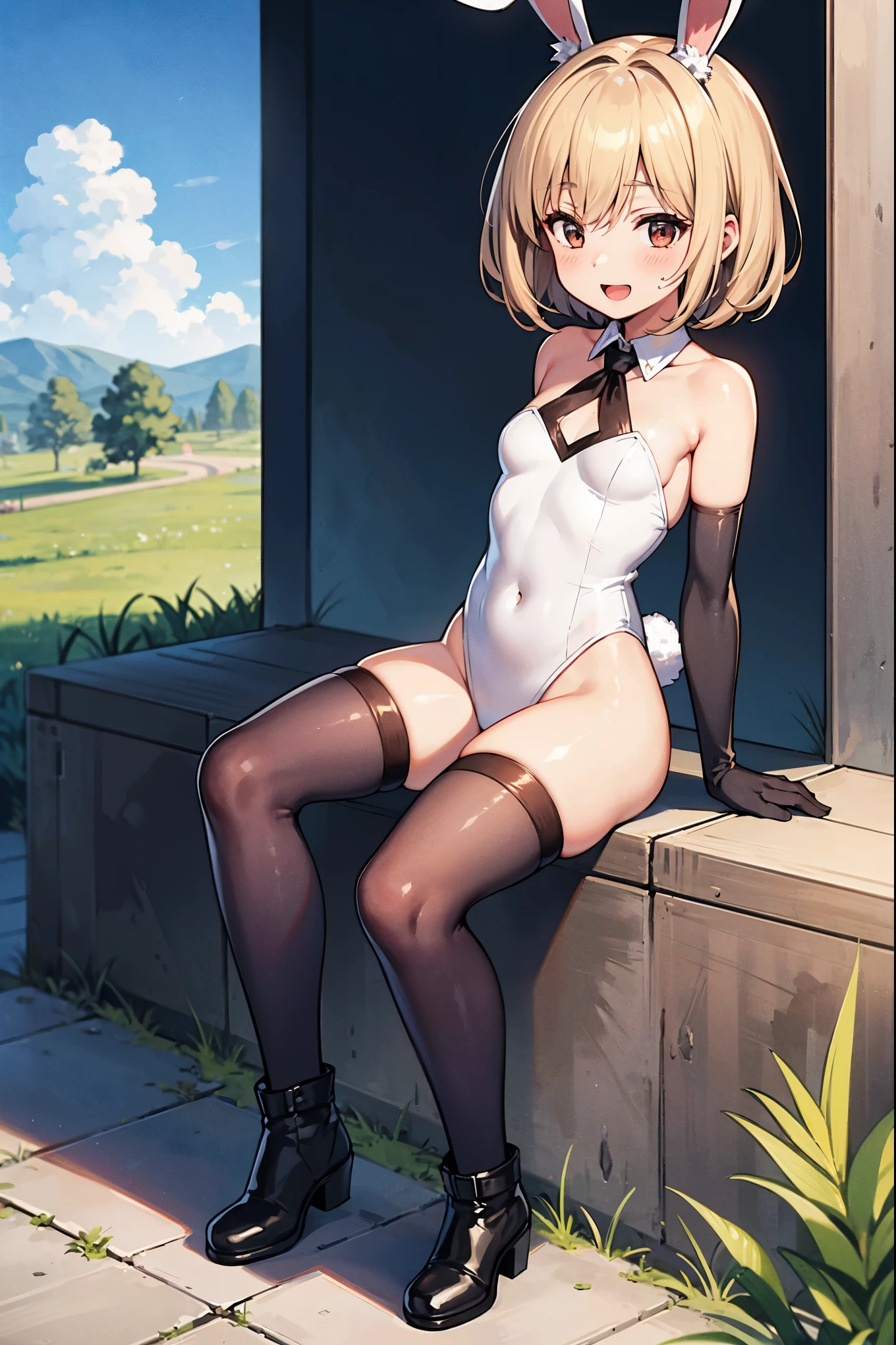 GRANBLUEfantasy,ung_teeirl,brown_hair,medium_bob_hair,platina_blond_hair,white_leotard,covered_crotch,thigh-highs,smile,standing,bluesky_landscape_background,slightly_spread_legs,happiness, short_gloves ,solo, r18, navel,relicbuster,short,boots,open_mouth,sitting,knees,blush,shy,bunny_ears