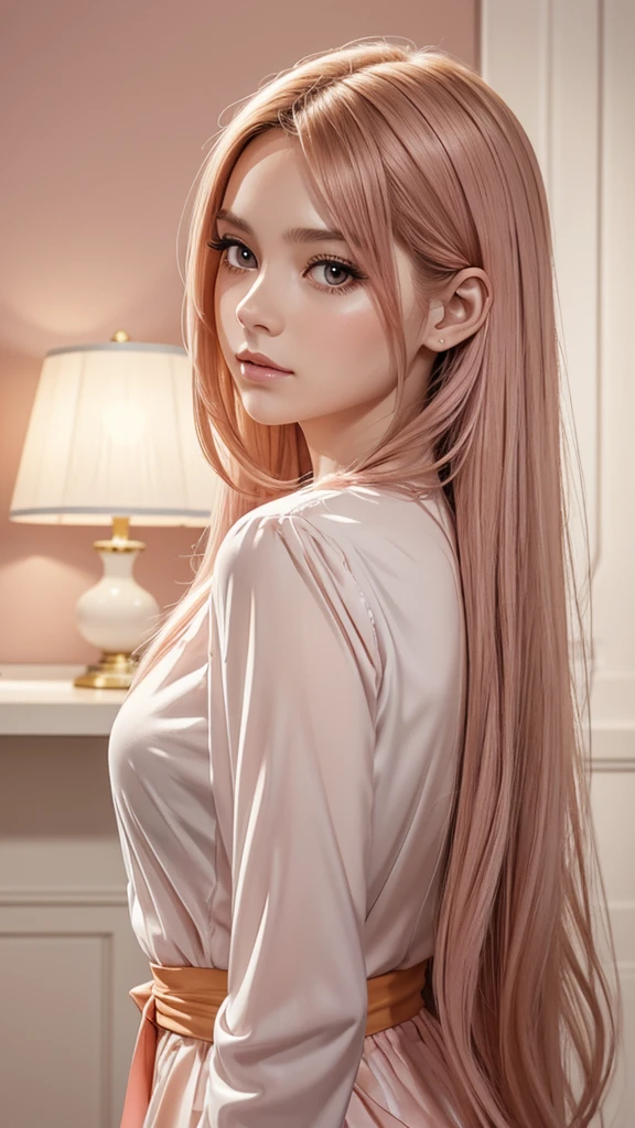 A beautiful girl with long hair in a pink blouse, half-body portrait, painting style, light orange and white marble background wall, elegant pose, side face, delicate makeup, soft lighting, gentle gaze, in the style of romantic manga, pink color scheme, digital art techniques, exquisite details, light gray and amber colors, exquisite brushstrokes --ar 31:64 --stylize 750 --v 6. 1