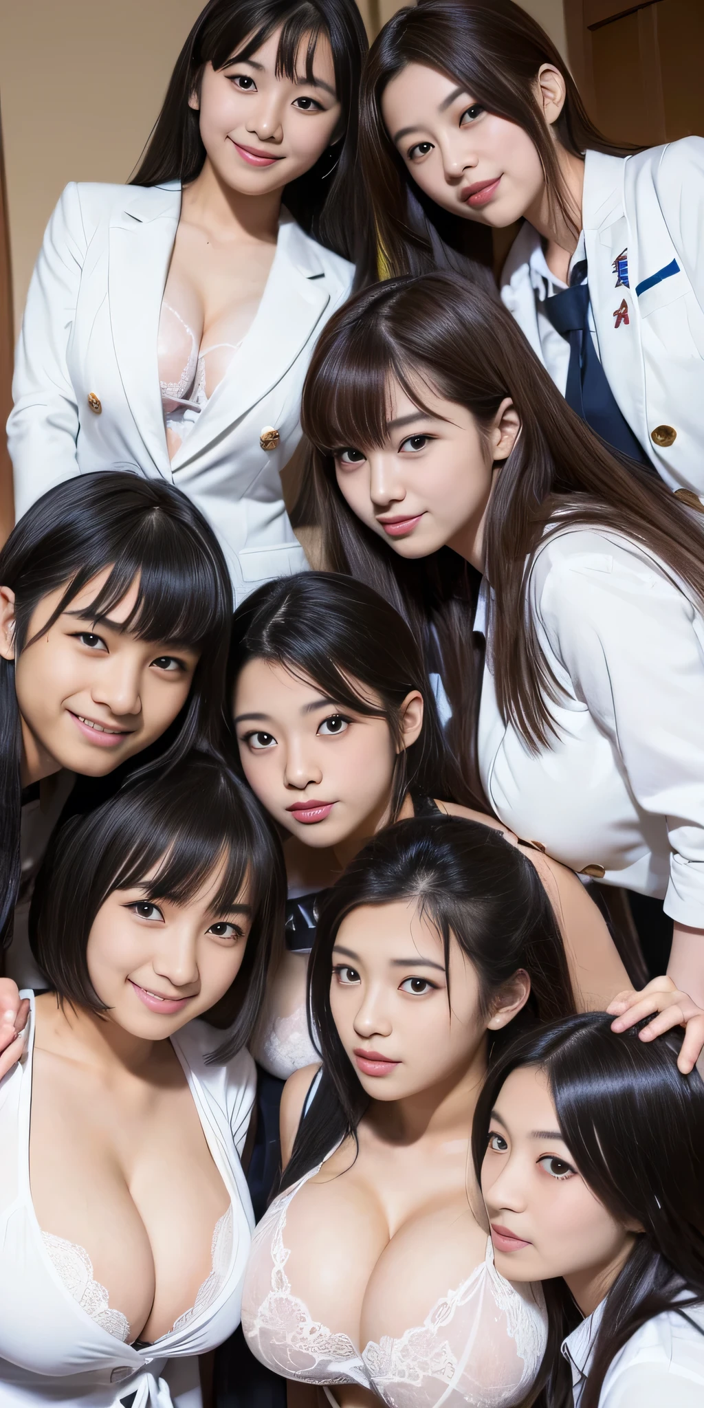 (((Group photo of Japanese high school student and super busty porn actress)))、Everyone has a different style and hairstyle, but they're all beautiful.、((All of them have huge breasts that are bigger than their lewd faces..))、(((Various obscene sexual poses)))、They all have big breasts、Wearing a white turtleneck sleeveless knit sweater、A room filled with the smell of semen、((Everyone highlights their big super breasts))、(((Only one person、Inserting a vibrator and masturbating))