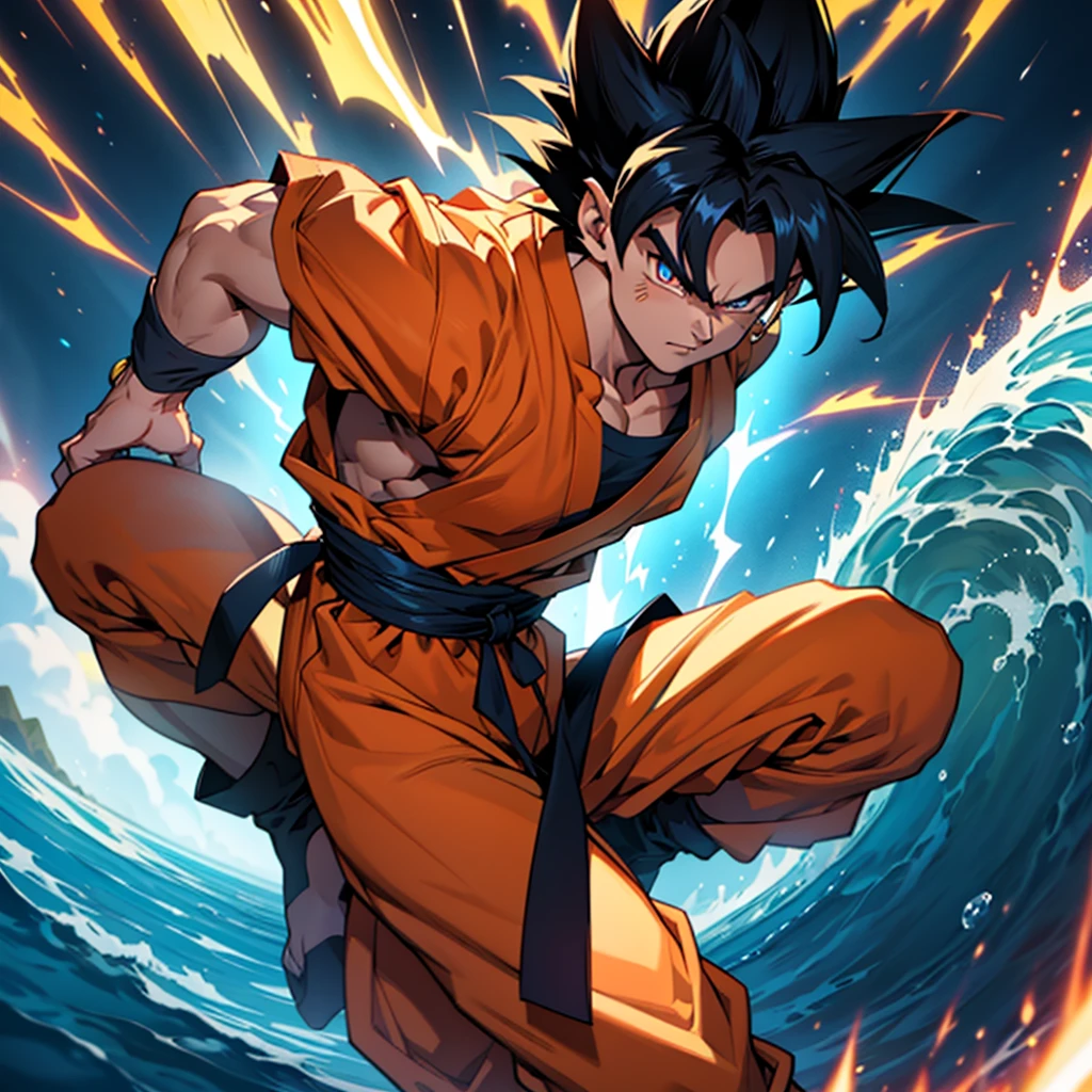 A powerfully glowing Saiyan warrior, Goku radiates with vibrant energy against a backdrop of fierce battle. His spiky black hair seems to defy gravity as he unleashes a dazzling Kamehameha wave, with muscles tensed and eyes sparkling with determination. This dynamic image, likely a digital painting, captures the essence of Goku's heroic spirit and unparalleled strength, making it a truly mesmerizing work of art.