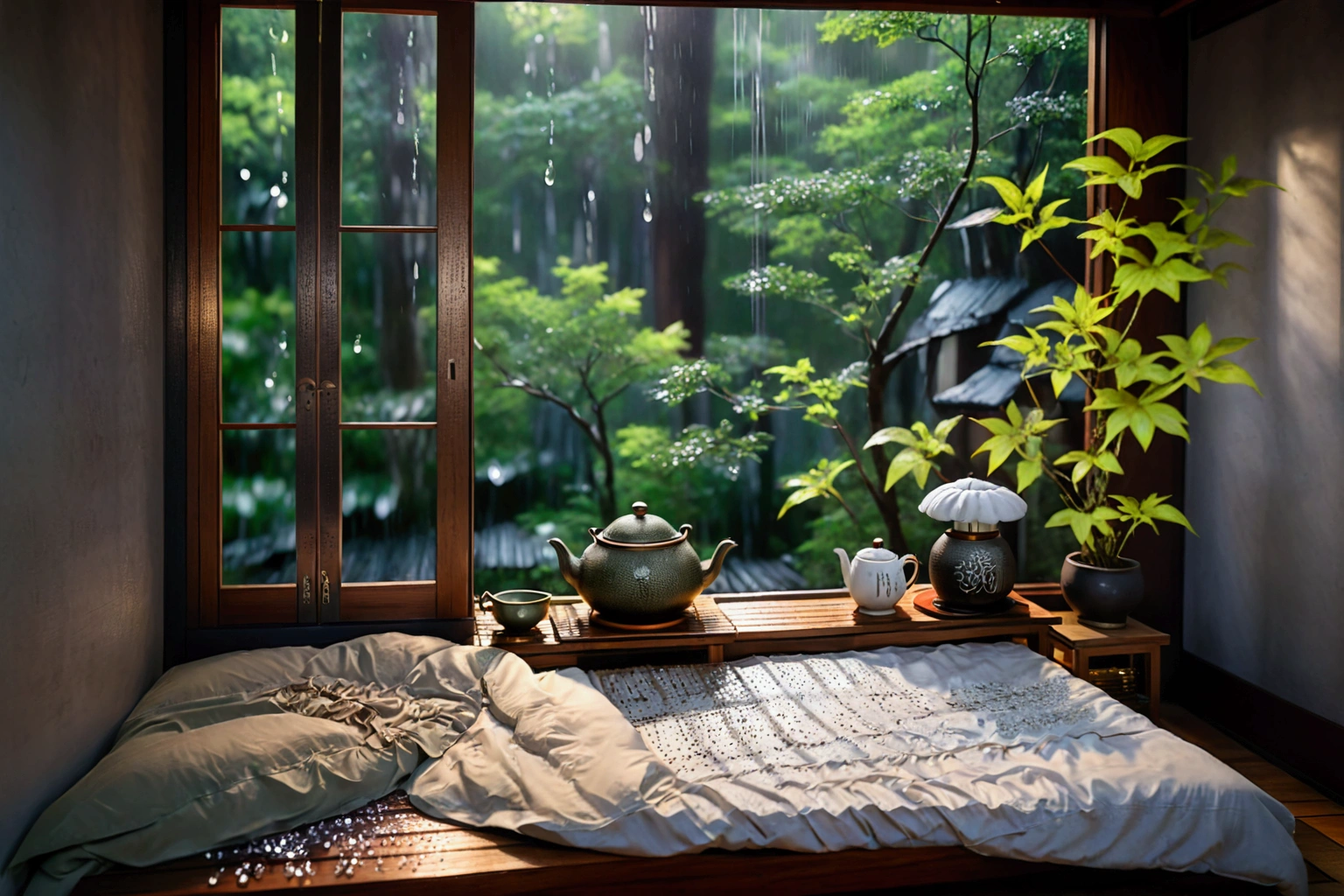 bed in the bedroom next to the window, detailed matte image, inspired by Kanō Hōgai, large window overlooking the forest at night, rain pouring down, Japanese shrine, very beautiful and ethereal