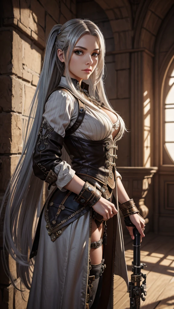  Very beautiful Steampunk lady, long silver hair, steampunk outfit and weapon, hyperrealism, photorealistic, 8k, unreal engine --ar 9:16 --niji 5 --style expressive --s 400 