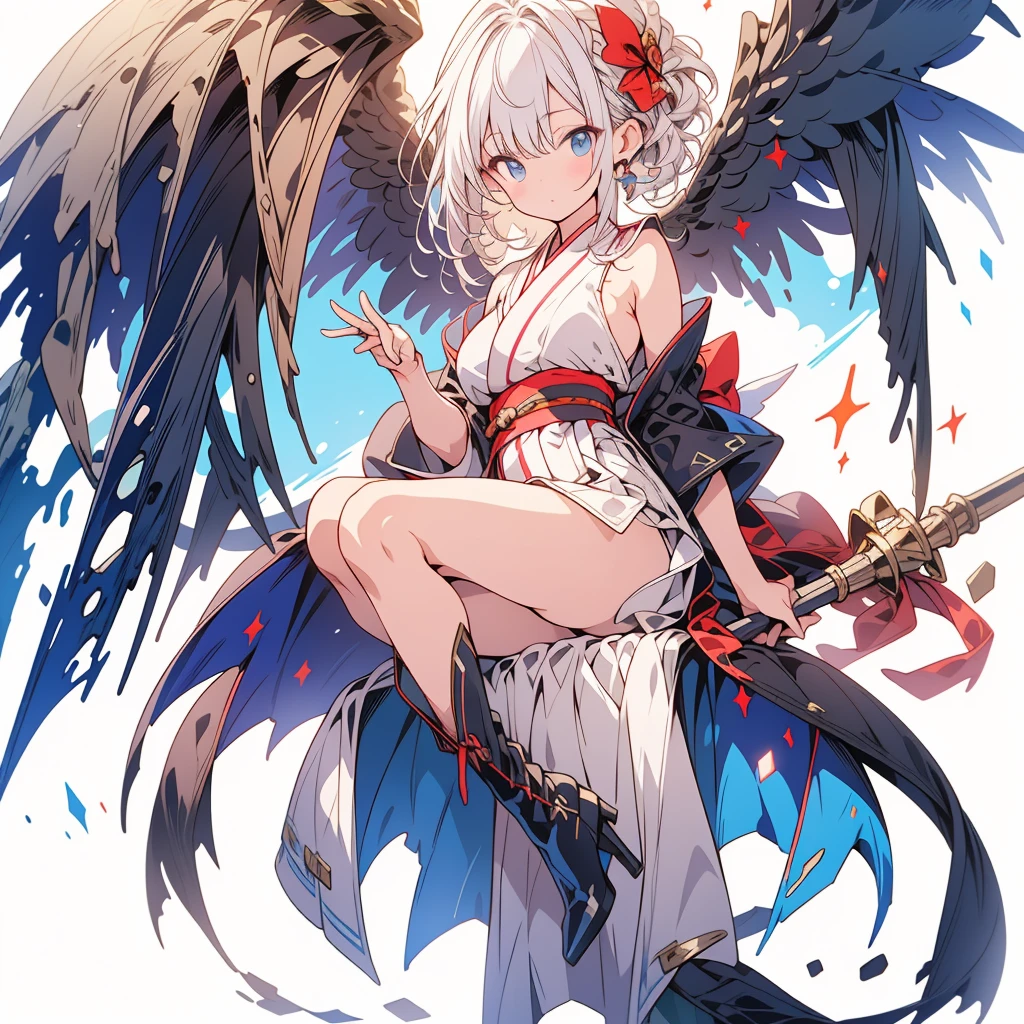 (masterpiece, Highest quality), (perfect athletic body:1.2), (Thin Hair), 非常にdetailedな, Anime Style, whole body, alone, Gothloli kimono, Fairy Wings,Magical girl、Magic giant wand、 White hair and brown skin, High Boots,Floating in the blue sky, High heel boots, 8K high resolution, White Background, whole body,Super huge、detailed、dynamic、