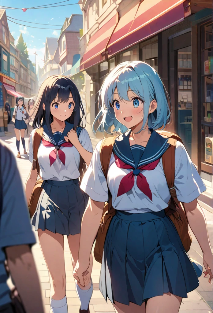  highly detailed anime-style illustration of two schoolgirls walking together They are wearing school uniforms with skirts and have backpacks. One girl is playfully touching the other's shoulder while they both smile. The background shows a sunny street scene with shops and people in the distance