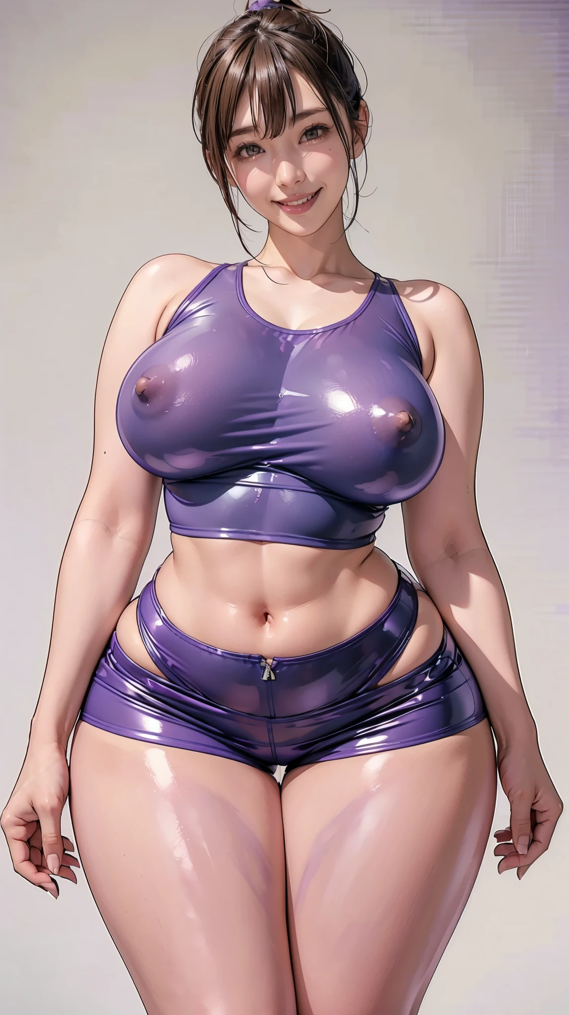 Blue blank background, (Violet latex tank top, Violet latex shorts:1.3), (big long perkier , Nipplesng erect:1.3), (Tthighs:1.3), A toned, athletic body, Photo from the waist up, Light brown hair in a ponytail, Smiling with some teeth showing