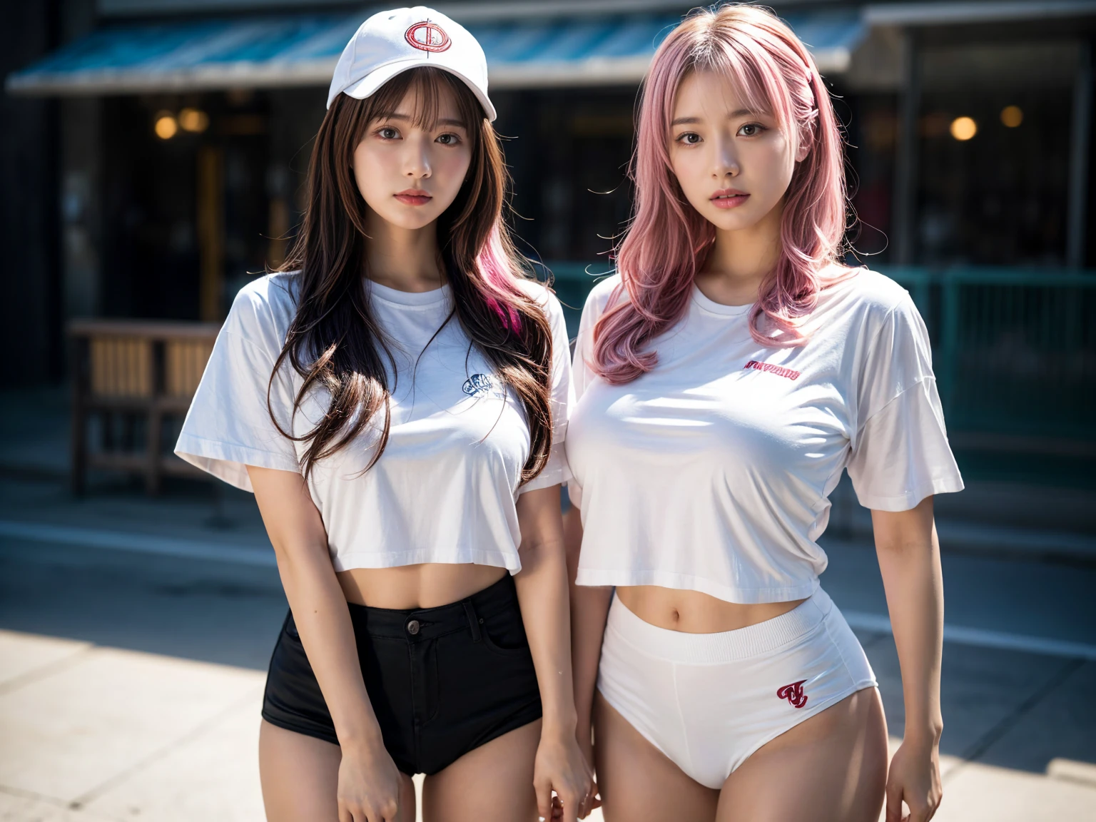 2 girls, 21yo girl,pink hair,long hair, wearing oversize white t-shirt, hot pants, wearing a baseball cap, natural big breast, show big thigh, plump body, single sidelock hairpin blush modern cinematic lighting,ray tracing,drop shadow wide shot UHD,textured skin,high details,best quality 4K, (from below:1.2), (realistic:1.1), (surreal:1.2), (very detailed:1.1)