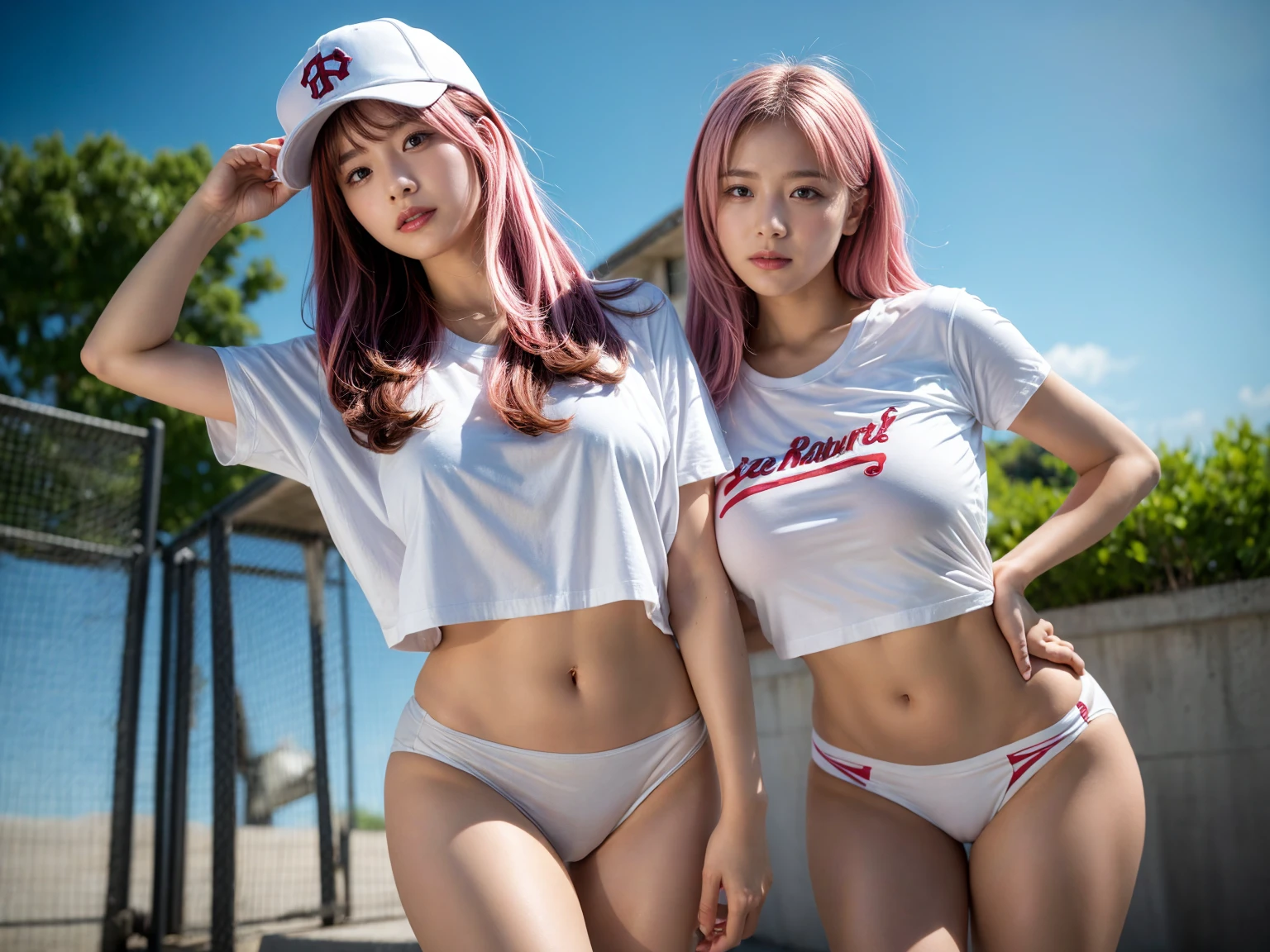2 girls, 21yo girl,pink hair,long hair, wearing oversize white t-shirt, hot pants, wearing a baseball cap, natural big breast, show big thigh, plump body, single sidelock hairpin blush modern cinematic lighting,ray tracing,drop shadow wide shot UHD,textured skin,high details,best quality 4K, (from below:1.2), (realistic:1.1), (surreal:1.2), (very detailed:1.1)